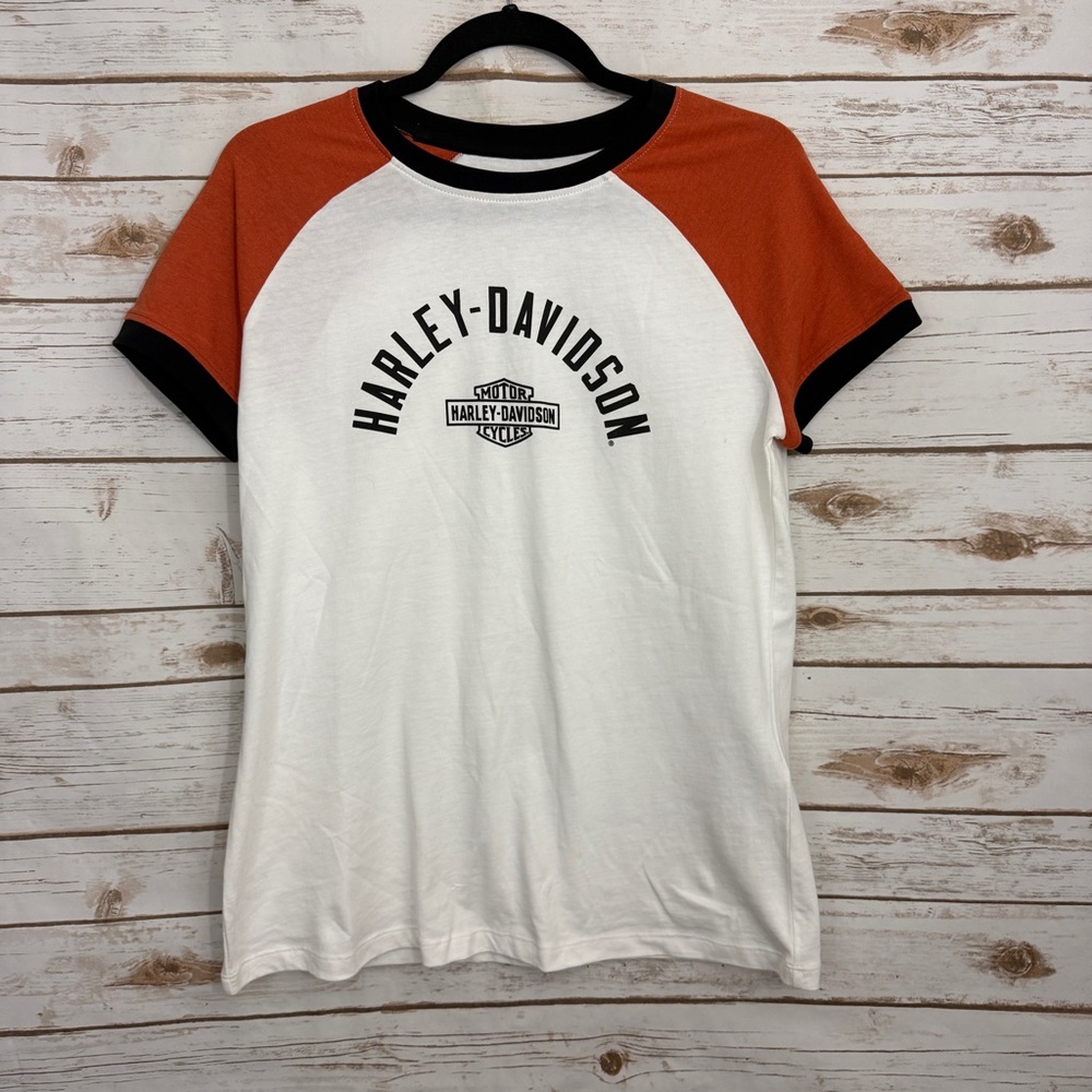 Harley Davidson White Graphic Ringer Short Sleeve Tee T-shirt Medium NOWT